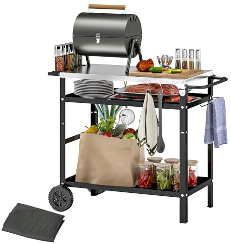 Outsunny Grillwagen 3-Etagen Servierwagen mit Arbeitsfläche Griffe Hülle Räder, höhenverstellbar BBQ Grilltisch Edelstahl, Grill Beistelltisch, Outdoor Rollwagen für Garten Grill 100x52x80cm Schwarz