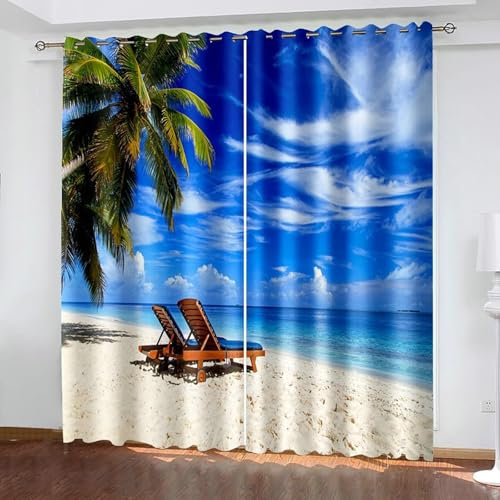 Bishilin Vorhänge Blickdicht mit Ösen 2er Set 132x274CM, Gardinen Wohnzimmer mit Design Landschaft Meer Kokospalme und Strandkorb Verdunklungsvorhänge Jugendzimmer Kinderzimmer