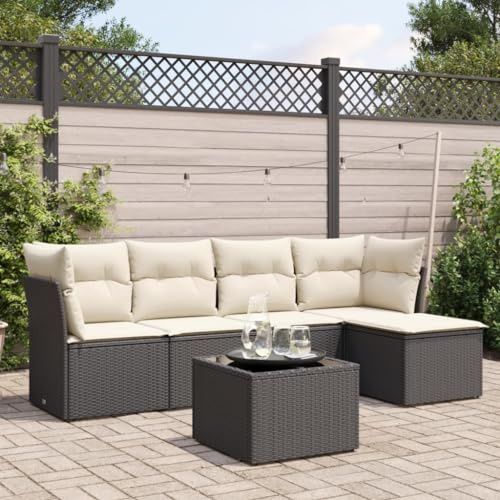 IKAYAA Rattan Gartenmöbel Set mit Stauraum Balkonsofa Kleiner Balkon Balkon Lounge Gartensofa Polyrattan Lounge Terrassenmöbel Ecksofa Outdoor mit Kissen Poly Rattan-Schwarz und Creme-6-tlg-Typ 2