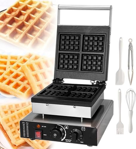 pealiritansemen Waflera | Placas De Calentamiento Dobles Comerciales, Temporizador Y Temperatura Ajustables (0-5 Min/50-300 °C), para Cafeterías/Desayuno En Casa + Herramientas para Hornear,4-Slice