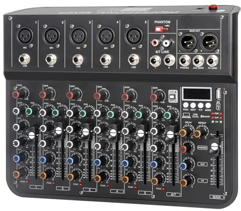 Mezclador de Audio Profesional 7 Canales Mesa de Mezclas para Escenarios y Eventos, Dj Mixer Audio con Usb Bluetooth MP3 Mesa Sonido