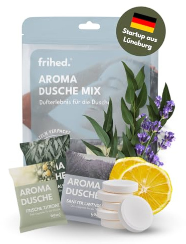 frihed.® Aromaduschen – 6 Duschtabs - Duschbomben mit ätherischen Ölen (Zitrone, Eukalyptus, Lavendel) – Spa‑Feeling für Dusche, Bad & Sauna – Geschenkideen (Lavendel, Zitrone, Eukalyptus)