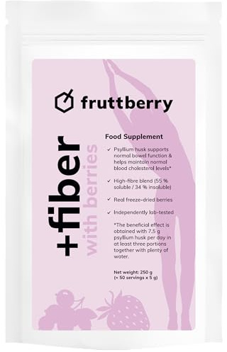 Fruttberry +Fiber - Complément alimentaire à 77% de fibres à base d'enveloppes de psyllium, d'inuline & glucomannane - Pour une digestion et une saturation normales - Fraise & Cassis - 50 portions