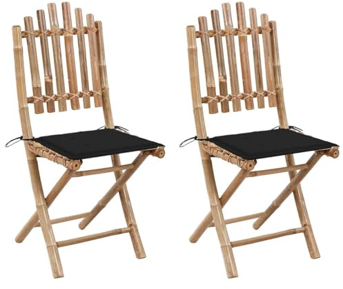 QJBSAVVA Lot de 2 chaises de jardin pliantes, en bambou, avec coussins noirs, 50 x 42 x 92 cm, résistantes aux intempéries et légères, pour balcon, terrasse et camping