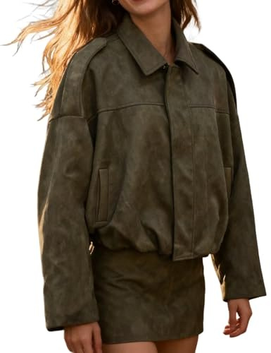 Jinsha Chaqueta de Mujer en ante Sintético - Cazadora Bomber Mujer Oversize Invierno y Primavera, Fiesta, Entretiempo Verde S