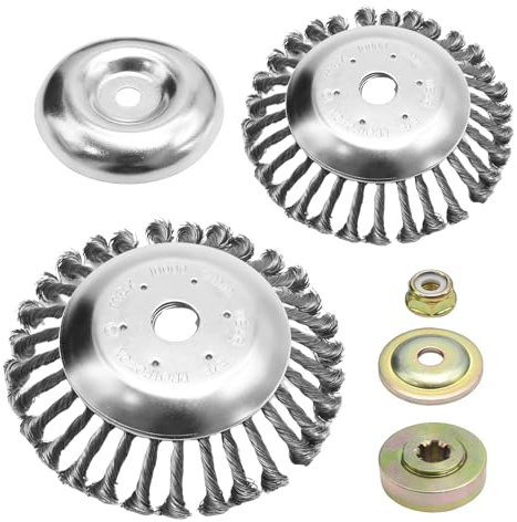 Hoypeyfiy 2 x Professionelle Unkrautbürste für Freischneider, 8 Zoll + 6 Zoll Edelstahl-Drahtbürste, 25,4 mm Kegel-Unkrautbürste mit 4 Adaptern für Unkraut und Moos