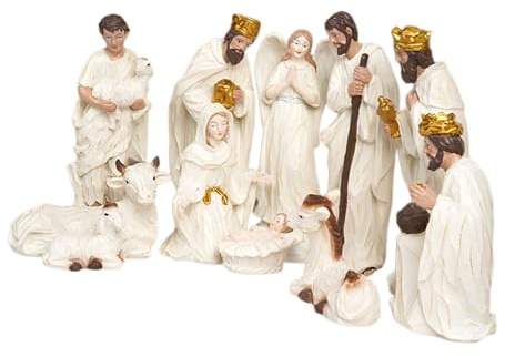 ULIJTH Estatua de resina de la Santa Familia con establo y pesebre para el hogar, vacaciones, Navidad, belén