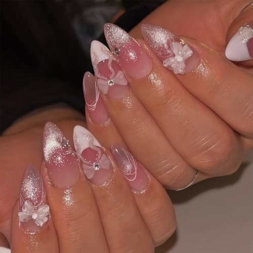 Auroriel 24 Pieces Medium Length Almond Shape Press On Nails Glitter Pink With Bow Charm Design Pink Acrylic White French Tip Glossy Full Cover Self-Adhesive Art Nails Fo