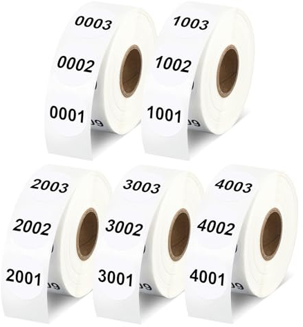 Trandraft 5 Rolls Consecutive Number 0001 to 5000 Label Bundle - 5000 PCS 1 White Round Sequential Number Label Stickers for Inventory Counting, Warehouse or Factory, 1000 Count/Roll