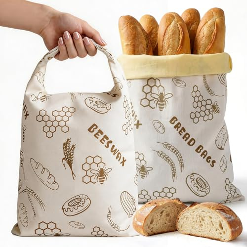 VrEnduuo 2 Pack Reusable Bread Bag, Beeswax Bread Bags for Homemade Sourdough Bread,Easy to Clean Cotton Food Storage Cloth Bag,Freezer-Friendly Keeps Fresh Longer XL 17×12(Honeycomb Design)