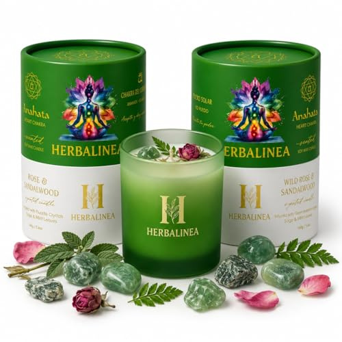 HERBALINEA Vela Chakra de Soja 100% con Piedras Naturales y Flores Secas, Vela Aromática para Meditación, Yoga, Relajación y Decoración, Regalo Original, 160 g (Verde - Chakra Corazón)