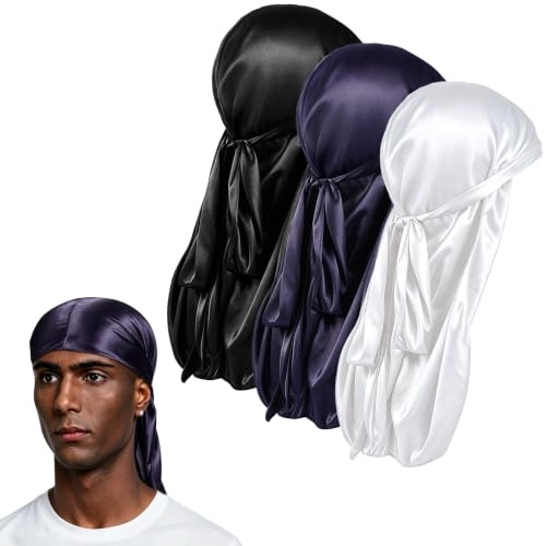 Wanme 3 Piezas Durag de Cola Larga, Sombrero Pirata, Durag de Seda Gorro de Onda, Hiyab Sedoso Unisex de Banda Ancha de Cola Larga, Durag Sedoso Transpirable para Hombre