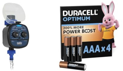Aqua Control C4099O Programador de Riego para Jardín, para Todo Tipo de Grifos, Apertura a 0 Bar, Color Azul + Duracell Optimum Pack de 4 AAA