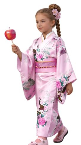 Kimono Kostym Traditionell Sidenrock med Blomtryck och Japanskt Tryck | Geisha Cosplay Klänning Kimonoset för Födelsedag Drama Scen Samling Fest för Barn 2-10 År Barnkläder