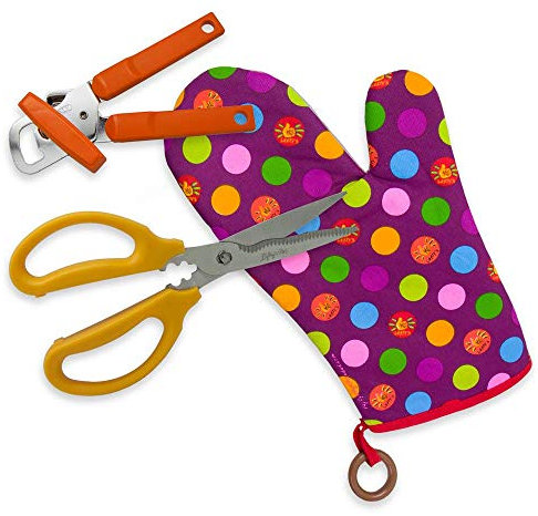 Left-Handed 3 Piece Kitchen Shear Set Dotted Oven Mitt & Orange Can Opener