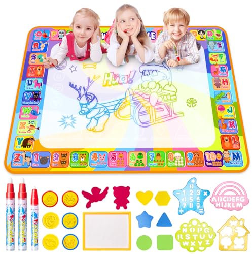 Aqua Magic Doodle Matte- Wasser Doodle Matte 100*70cm Kinder, Große Magic Malmatte mit Wasser buch , 4 Magic Stifte, 8 Stempelset Spielzeug ab 2 3 4 5 Jahr Mädchen Junge Geschenk