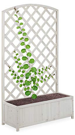 relaxdays, blanc Jardinière treillis espalier, Tuteur plantes grimpantes, Bac à fleurs, 59 L, HxlxP 152,5 x 89,5 x 35 cm