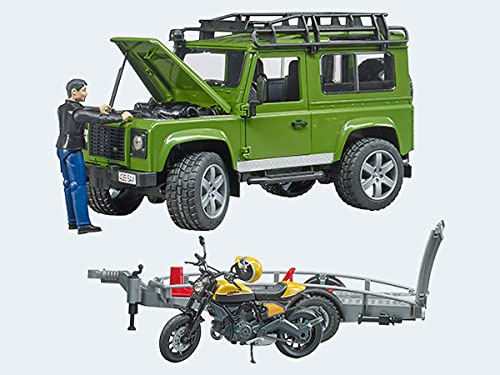 Bruder 02589 - Land Rover Defender mit Anhänger, Scrambler Ducati Full Throttle, Fahrer - 1:16 Pick-up Geländewagen Jeep Fahrzeug Motorrad bworld Spielzeug-Figur