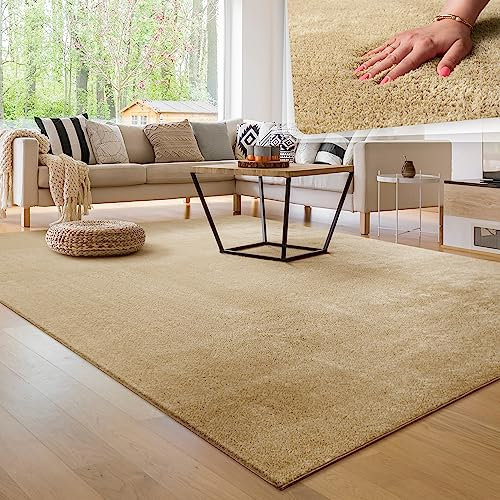 Paco Home Alfombra Moderna y Suave para Salón a Pelo Corto Lavable Fluffy Uni Efecto Piel Intemporal Elegante Antideslizante Fácil de Limpiar, tamaño:160x220 cm, Color:Beige