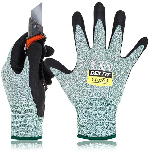 DEX FIT Cru553 Level 5 Schnittschutzhandschuhe, 3D-Komfort-Passform, fester Griff, dünn und leicht, Touchscreen-kompatibel, langlebig, maschinenwaschbar, Grün M (8), 3 Paar