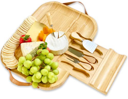Bambus-Käsebrett und Messer-Set – Holz-Charcuterie-Brett mit Ledergriffen und herausziehbarer Schublade