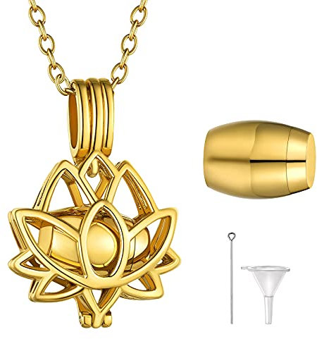 GoldChic Damen Urne Halskette für Asche Feuerbestattung Urne in Lotusform Anhänger zu Öffnen Halskette Gold für Memorial mit 51cm+5cm Verlängerungskette