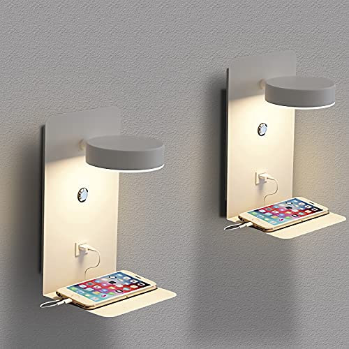 Applique da Parete LED con Porte USB, 2 Pezzi Lampada da Parete Dimmerabile al Tocco camera da letto12W con Spina, Lampada da Muro Interno Bianco Moderna Ruotabile 350°, Luce da Lettura Comodino