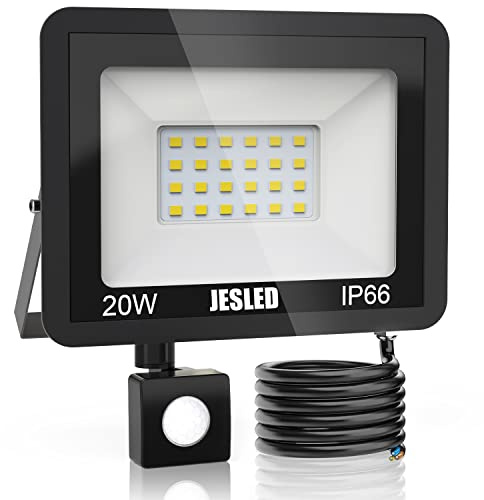 JESLED Projecteur LED avec détecteur de mouvement - 20 W - 2200 lm - Super lumineux - 6000 K - Blanc froid - Étanche IP66 - Pour jardin, cour, garage, maison