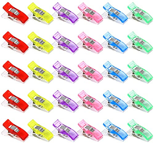 Redamancy 30 Stück Nähklammern, 27 x 10 mm Nähen Clips, Nähzubehör 6 Farben für Nähen, Quilting Clips, Häkeln