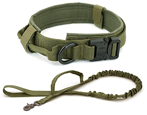 Militärisches Taktisches Hundehalsband mit Leine, Verstellbares Hundetrainingshalsband Gepolstertes Metallschnallen-Kontrollgriff für großes Hundespaziergangstraining (Farbe : Green Set, Größe : L)