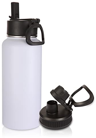 Volhoply 1000ml Trinkflasche Edelstahl, 1 Liter vakuumisolierte doppelwandige Thermosflasche mit Strohhalm und Griff, inkl. 2 Deckeln, BPA-frei Isolierflasche für Outdoor Sport(Weiß,1er-Set)