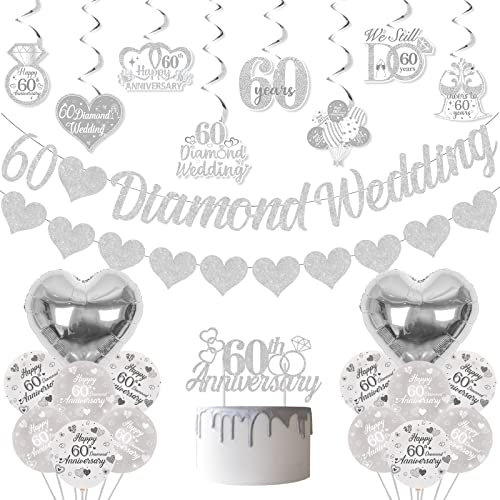Decorazioni per 60° anniversario di matrimonio, 60 striscioni di nozze con diamanti, palloncino in lattice stampato, topper per torte, vortice appeso, palloncini metallici a forma di cuore argento,