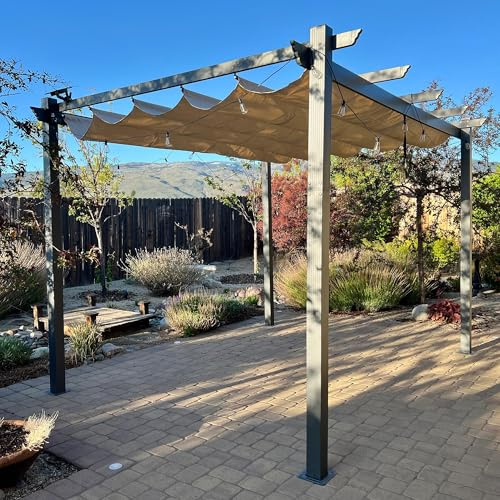 PURPLE LEAF Pergola Aluminium 4 x 3,2 m Tissu Teint en Fil, Pergolas pour Terrasse Extérieur, Pergola Jardin Extérieur Toit Coulissante, Pavillon de Jardin, Kaki