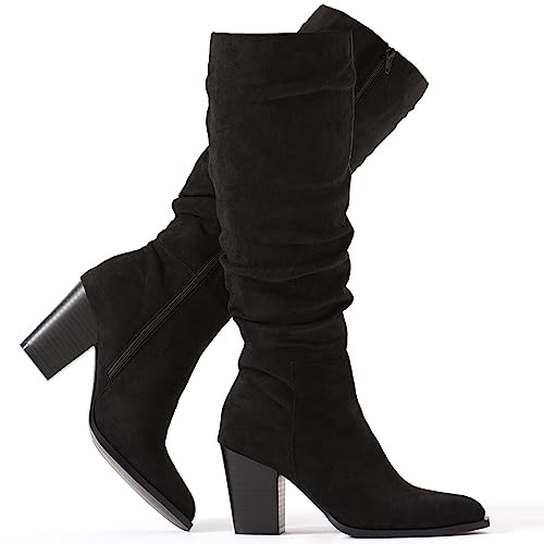 Putu Women's Pointed Toe Knee High Boots Faux Suede Slouch Boots with Chunky Heel Black Size 8.5
