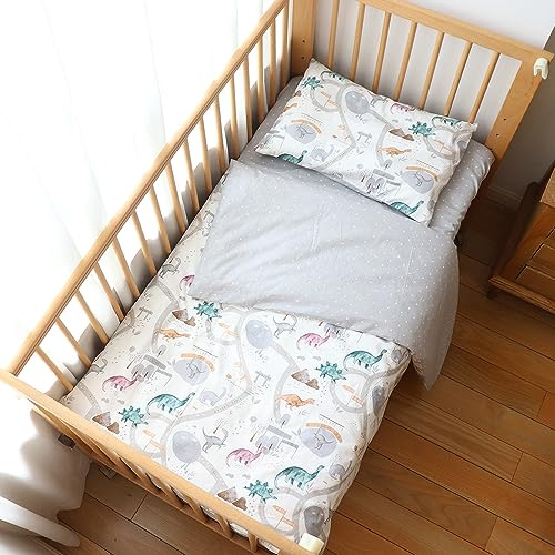 Emenpy 100% Cotton Crib Bedding Set for Baby Boys Girls,3 Pcs Baby Bed Linen Include Duvet Cover,Fitted Sheet,Pillowcase,Nursery Decoration,No Filler (Grey)