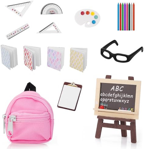Andibro 22 Pcs Miniature Doll School Set, 1:12 Dollhouse Mini School Supplies Home Miniature Model DIY Decor Doll Book Backpack Blackboard Clipboard Rulers Crayon Playset Doll House Accessories