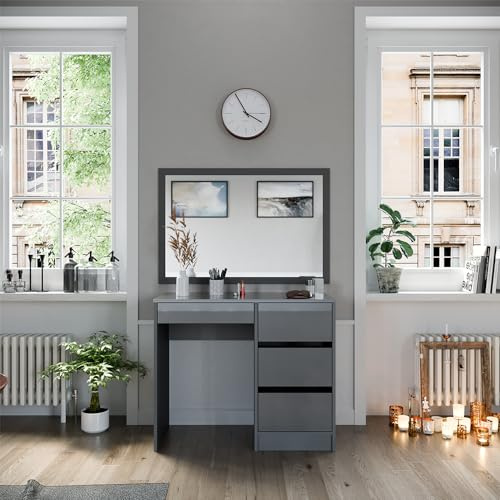 Vicco Tavolo da toeletta Sherry, Grigio lucido, 90 cm con 4 cassetti, adatto per l’uso come tavolo da toeletta o superficie d’appoggio