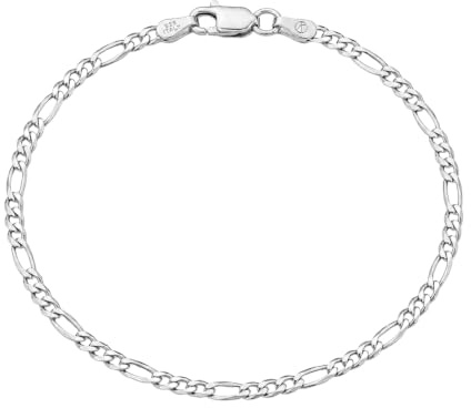 KISPER Pulsera de cadena de eslabones Figaro de plata de ley 925 maciza italiana de 3 mm, corte de diamante, para hombres y mujeres con cierre de langosta, fabricada en Italia, 9 inches, Plata de ley