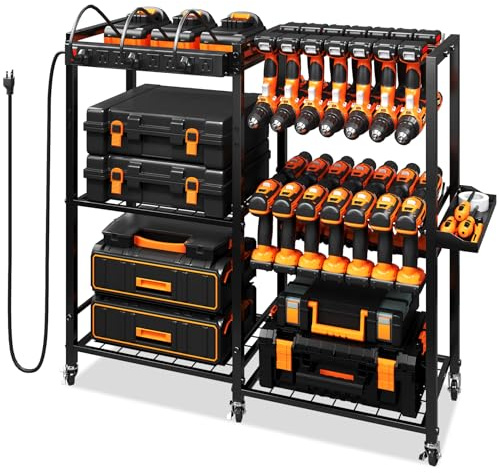 TC-HOMENY Power Tool Organizer Cart with Charging Power Strip, 28 Drill Tool Garage large Storage Racks with Wheels, Heavy Duty Tools Organizer Station, Festive Gifts for Men Dads