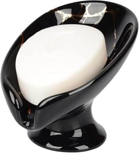 Ceramic Soap Dish Holder,Self Draining Soap Holder, Leaf-shape Easy Cleaning Soap dish Tray,Suitable for bathroom,Kitchen,Shower (Black)