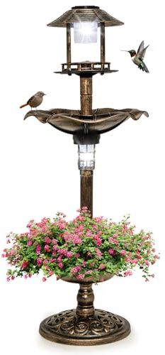 GYMAX Bain d'oiseaux, Abreuvoir sur Pied, Mangeoire avec 2 Lampes Solaire, Jardinière de Fleurs, Léger et Remplissable, Décoration pour Extérieur (Cuivre)