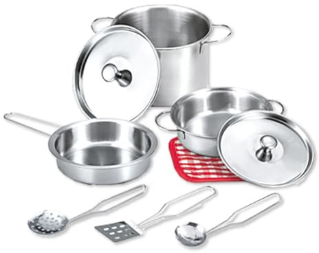 JugaToys - Accesorios de cocina infantil - Juguete menaje cocina de metal - 9 piezas - Para cocinita infantil - Juego de rol chef - Juego ollas y sartenes - Utensilios de cocina para niños de + 3 años