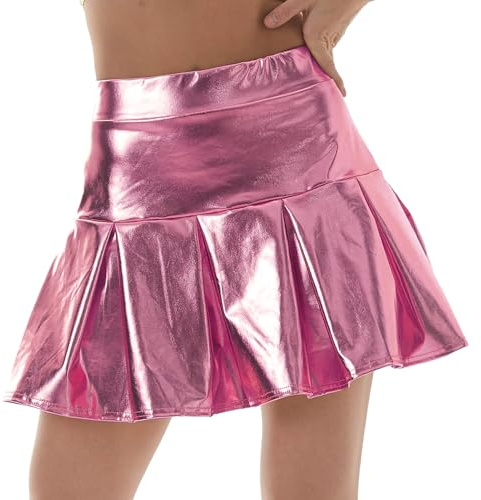 AIEOE Mujer PU Mini Falda y Chica Rave Corto Mini Plisado Metálico Falda Brillante Elegante Talla L Rosa