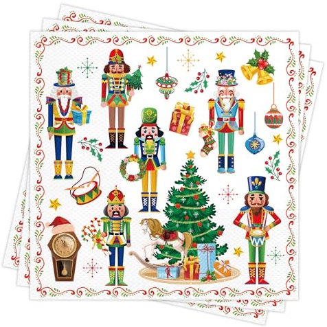 DPKOW Nutcracker Napkins Christmas Decorations, 40 Napkins Paper Christmas Serviettes Xmas Napkins Disposable, Christmas Nutcracker Party Supplies Christmas Table Decoration, White Napkins, 33 x 33cm