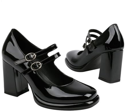 ENWIND Mujer Punta Cuadrada Zapatos Mary Jane Charol Correa De Tobillo Plataforma Bombas Tacón Ancho Zapatos de Trabajo,Negro,38 EU