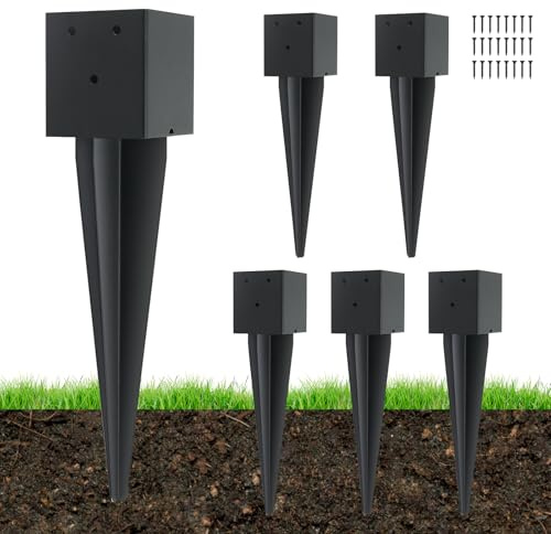 6 Pcs 4 x 4 Fence Post Anchors Ground Spike (Actual 3.6 ” X 3.6”)，Heavy Duty Metal Fence Stakes Post Base 16'' with Black Powder Coated Support for Mailboxes, Fences, Trellis Posts, Banners.