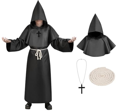 AUYAO Moine Robe Friar et Prêtre pour Enfants, Deguisement Moine avec Ceinture et Croix, Costume de Prêtre Renaissance Cape à Capuchon Longue pour Carnaval Cosplay Halloween