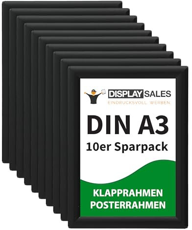 DISPLAY SALES – Pack de 10 Marcos Clic-Clac DIN A3 Negros | Marcos de Aluminio para Pósteres y Certificados (29,7x42 cm) | Perfil de 25 mm | Marco Publicitario para Carteles y Documentos