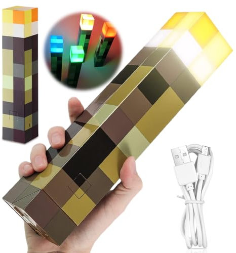 Lámpara de pared con antorcha Craft, 28cm lámpara de noche recargable 4 colores, iluminación de mano/pared con gancho, lámpara de mesita de noche para niños, regalos, cosplay, salón, sala de juegos