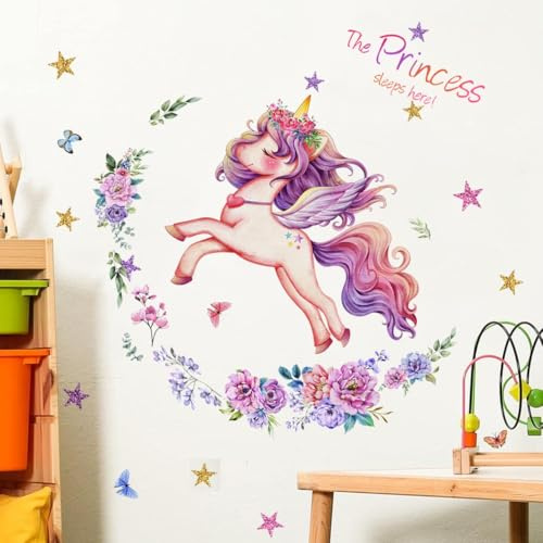 WandSticker4U®- Wandtattoo EINHORN Mädchen The Princess sleeps here (72x59 cm) I Wandsticker Kinderzimmer Mädchen Einhorn Blumen Fee Prinzessin Sterne I Wandaufkleber Kinderzimmer Deko